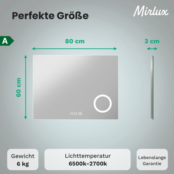 Mirlux Badezimmerspiegel mit LED Beleuchtung, Wandspiegel Rund, Anti Kondensations Duschspiegel 80X60CM