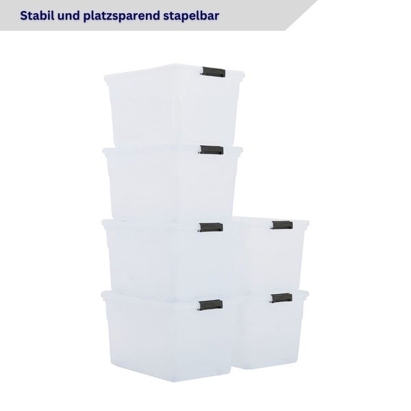 Stapelbare Kunststoffboxen mit Deckel und schwarzen Verschlussclips, platzsparend und stabil.