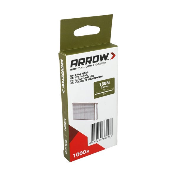 Packung Arrow Stiftnägel Typ 18BN mit 25 Millimeter Länge, Inhalt 1000 Stück.