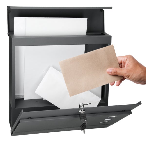 ECD Germany Briefkasten in Anthrazit mit Zeitungsfach, Schloss und 2 Schlüsseln, inkl. Montagematerial, 37x10,5x36,5 cm, Stahl, Moderner Design Wandbriefkasten, Postkasten, Mailbox mit Zeitungsrolle