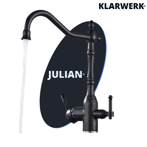 Julian | Vintage 3 Wege Schwarz matt Filtermatur | Gastronomie Edelstahl Osmose Wasserhahn Küche | Mischbatterie Retro 360° Filter 3 Anschlüsse