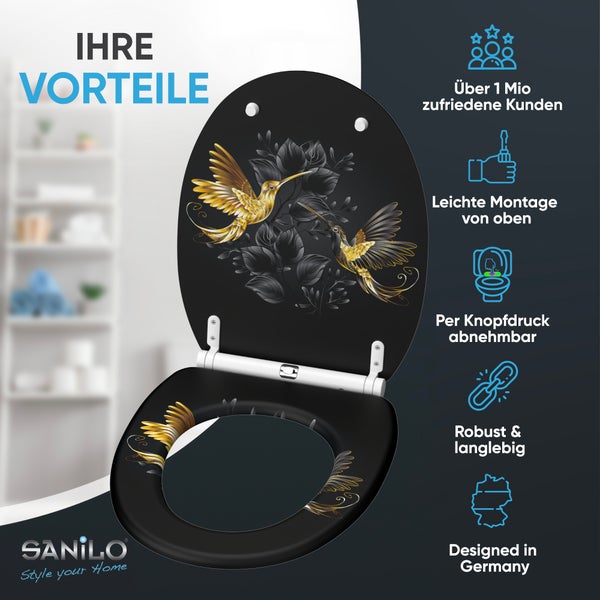 Sanilo WC Sitz mit Kolibri Motiv, abnehmbarer Toilettendeckel mit Absenkautomatik und Montage von oben, robust und langlebig.