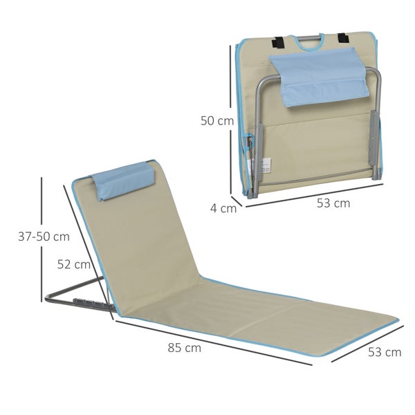 Outsunny Strandmatte, 2er Set Faltbare Strandliege mit Kopfkissen, 5-stufige Höhenverstellbare Strandmatratze mit Tragetasche, Stahl, Beige, 134 x 48 x 33-43 cm