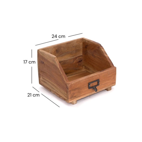 Aufbewahrungsbox aus Holz, schräge Front, Metall-Etikettenhalter. Maße: Breite 24 Zentimeter, Tiefe 21 Zentimeter, Höhe 17 Zentimeter.
