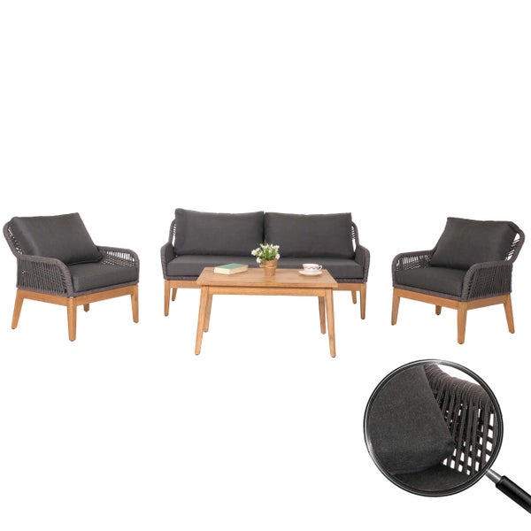 Lounge-Set aus Holz mit Seilgeflecht bestehend aus einem Sofa, zwei Sesseln und einem Tisch inklusive Polstern in Anthrazit.