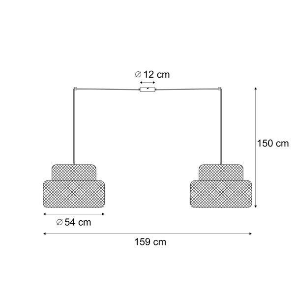 Technische Zeichnung einer Pendelleuchte mit den Maßen 159 cm Breite und 150 cm Höhe.