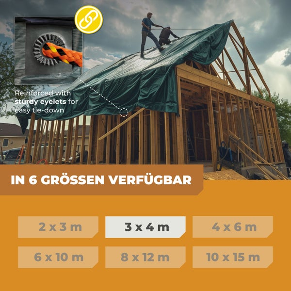 Arbeiter decken Hausrohbau mit Plane ab. Detail einer Metallöse mit Seil. In sechs Größen von 2 mal 3 Meter bis 10 mal 15 Meter verfügbar.