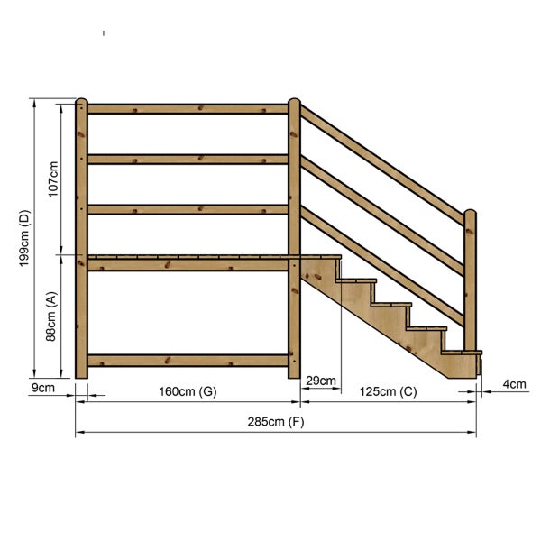 Technische Zeichnung eines Treppenaufgangs mit Geländer und Maßangaben.