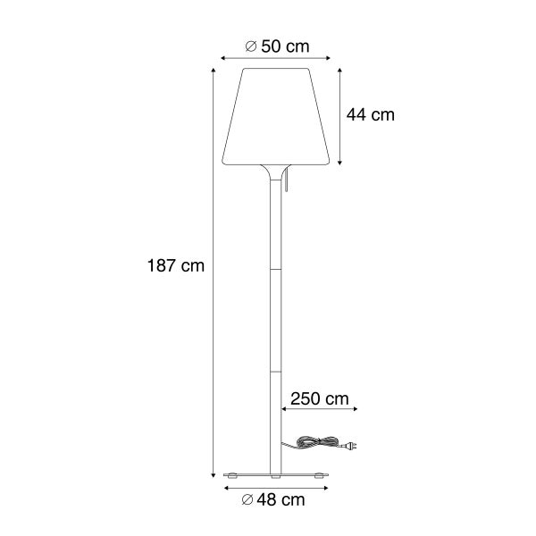 Maßzeichnung einer Stehleuchte mit Gesamthöhe 187 Zentimeter, oberem Schirmdurchmesser 50 Zentimeter und Kabellänge 250 Zentimeter.
