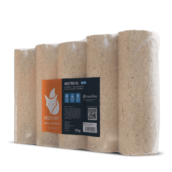 Heizfuxx Holzbriketts Nestro XL Blue, 10 Kilogramm Packung, runde Form, Brennstoff für Kamine und Öfen.