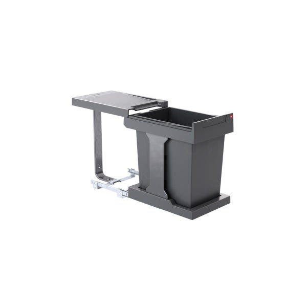 Ausziehbarer Einbaumülleimer aus Kunststoff mit einem Behälter und feststehendem Deckel für die Küchenmontage.