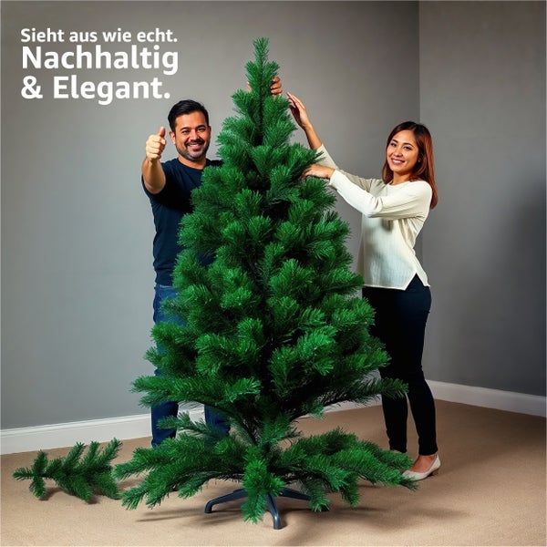 Künstlicher Weihnachtsbaum mit Personen beim Aufbau