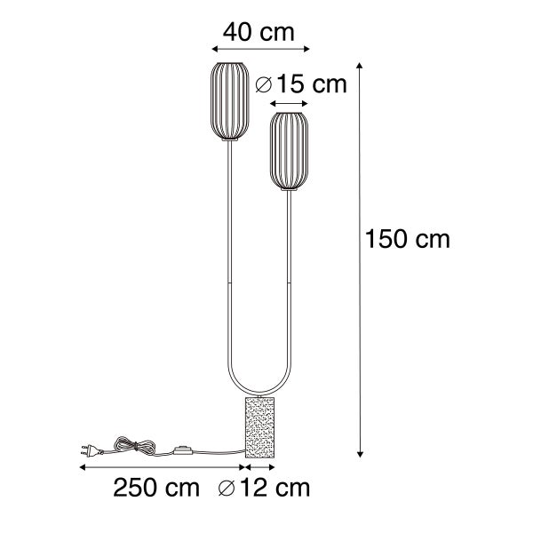 Skizze einer Stehlampe mit den Maßen 40 Zentimeter, 15 Zentimeter, 150 Zentimeter, 250 Zentimeter und 12 Zentimeter
