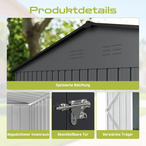 Detailansicht eines Gerätehauses mit optimierter Belüftung, abschließbarer Tür und verstärkten Trägern