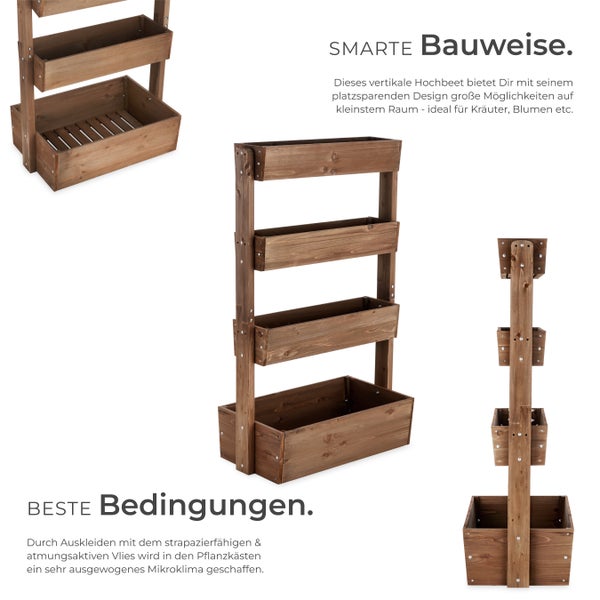Vertikales Hochbeet aus dunklem Holz mit vier Etagen für Pflanzen und Kräuter, platzsparendes Design in verschiedenen Ansichten.