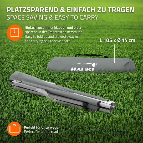 Hauki Campingbett klappbar, Grau, 210x83x46 cm, XL Feldbett mit Tragetasche, Seitentasche, Metallrohr, Belastbarkeit bis 150kg, Gästebett tragbar, Outdoor, Campingliege stabil, Klappbett für Reisen