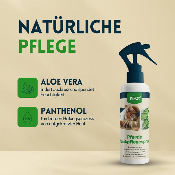 nimo® Pferde Hautpflegespray • mit Aloe Vera und Panthenol gegen Juckreiz und gereizte Haut