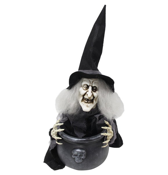 Hexen Dekofigur mit Kessel als Halloween Dekoration