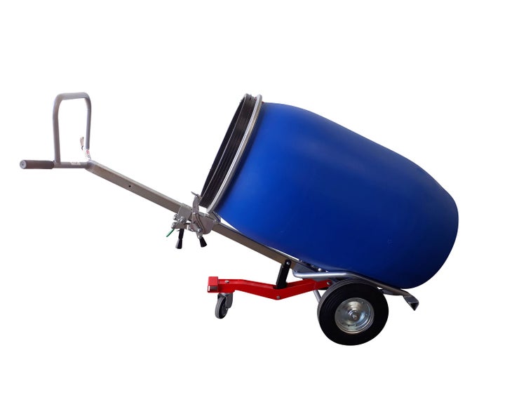 Mörtelkübelwagen mit einem blauen Behälter auf Rädern und einem roten Fahrgestell