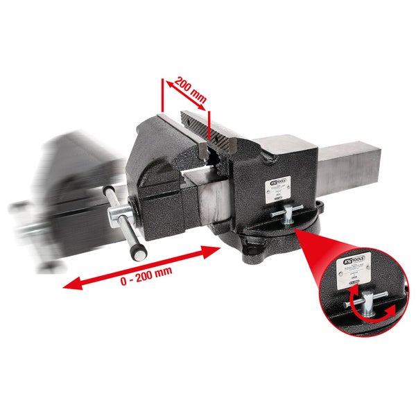 Schraubstock mit einer Backenbreite von 200 Millimeter und einer Spannweite von 0 bis 200 Millimeter.