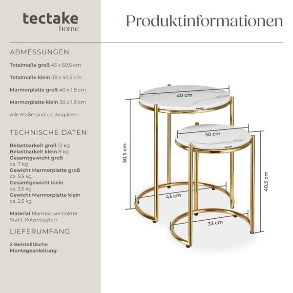 Beistelltisch tectake Ellsa ineinander schiebbar hochwertige Marmorplatten weiß/gold