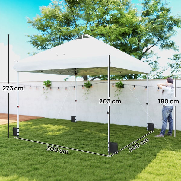 Weißer Faltpavillon im Garten mit Maßangaben: 300 mal 300 Zentimeter Grundfläche, 273 Zentimeter Gesamthöhe und 203 Zentimeter Durchgangshöhe.