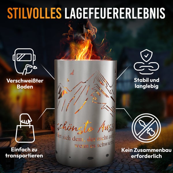 Feuerkorb aus Stahl mit Bergmotiven für ein stimmungsvolles Lagerfeuererlebnis im Garten