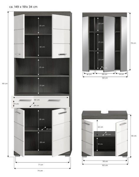 Badezimmermöbel-Set mit detaillierten Maßangaben in Zentimeter für Hochschrank, Spiegelschrank und Waschbeckenunterschrank.