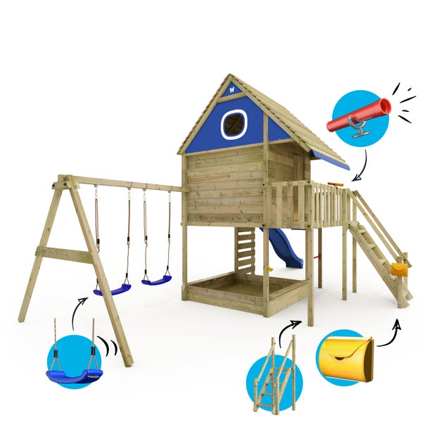 WICKEY Stelzenhaus Smart LakeHouse mit Schaukel und Rutsche,integriertem Sandkasten und großem Spielhaus mit massiver Treppe mit Handlauf, Fenstern, Rollos und Blumenkasten -  blau