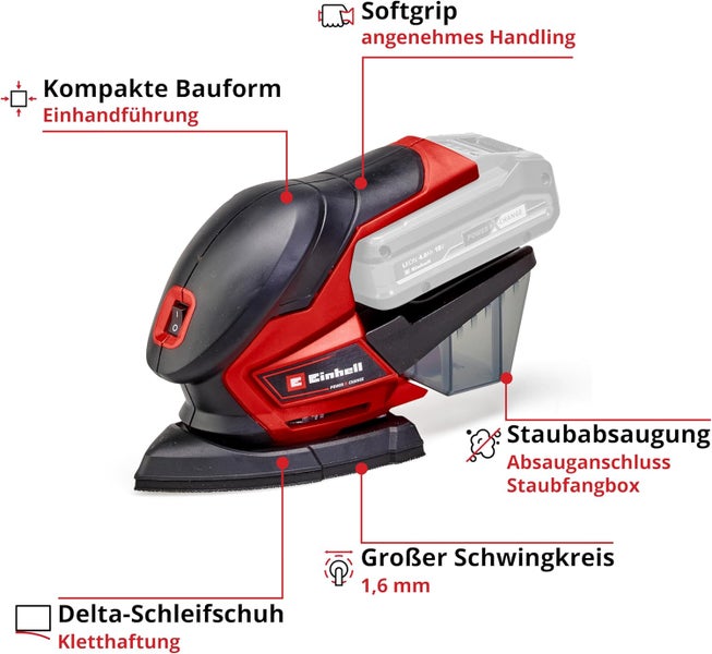 Einhell Akku Multischleifer mit Delta Schleifplatte, Staubfangbox und Softgrip für einfache Einhandbedienung bei Schleifarbeiten.