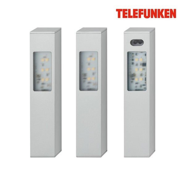 Drei rechteckige LED Wandleuchten in Silber, eine mit Bewegungsmelder. Telefunken Logo.