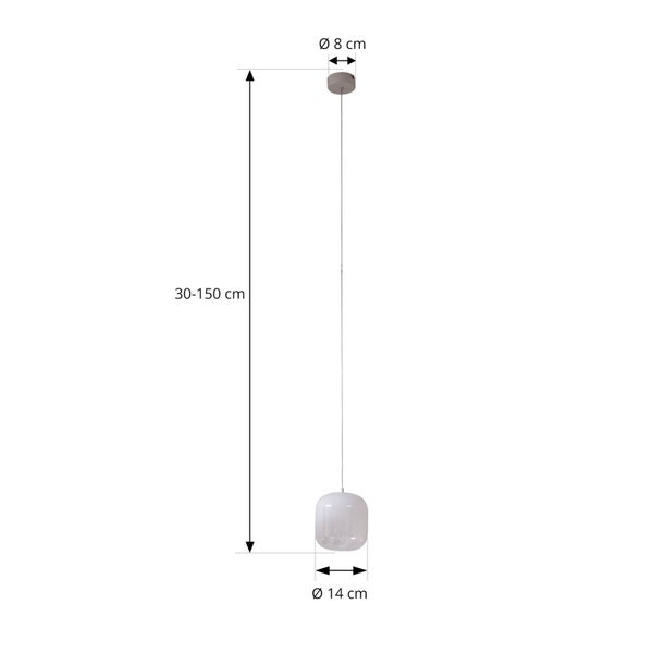 Pendelleuchte mit Maßen: Höhe 30 bis 150 Zentimeter, Schirmdurchmesser 14 Zentimeter und Baldachindurchmesser 8 Zentimeter.