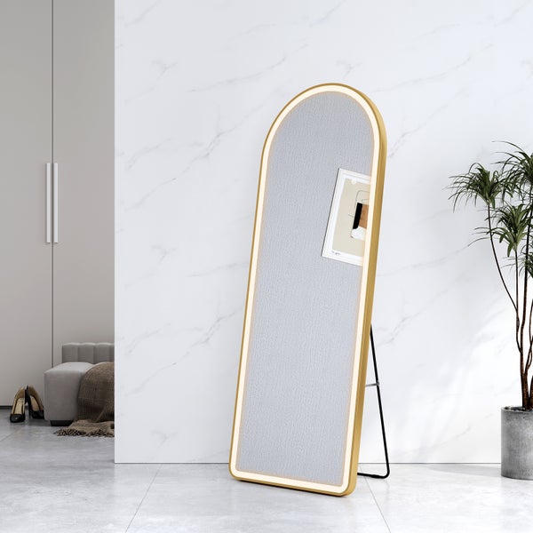 EMKE Bogen Standspiegel, Ganzkörperspiegel mit LED-Beleuchtung, 3 einstellbare Lichtfarben und dimmbar, Aluminiumrahmen in Gold, 160 x 60 cm, ideal für Wohn-, Schlaf-, Aufenthalts- und Ankleidezimmer