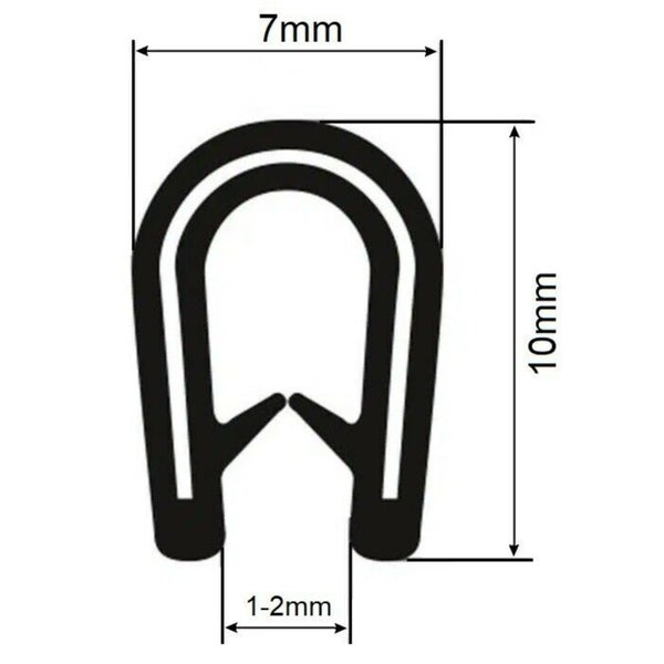 Technische Zeichnung eines U-Profils mit sieben Millimeter Breite, zehn Millimeter Höhe und einem Klemmbereich von ein bis zwei Millimetern.