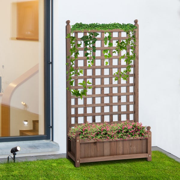 Outsunny Pflanzkasten Blumenständer Rankgitter Rankkasten Rosenbogen mit Leckage-Löcher Garten Holz Dunkelbraun 64 x 28 x 120 cm