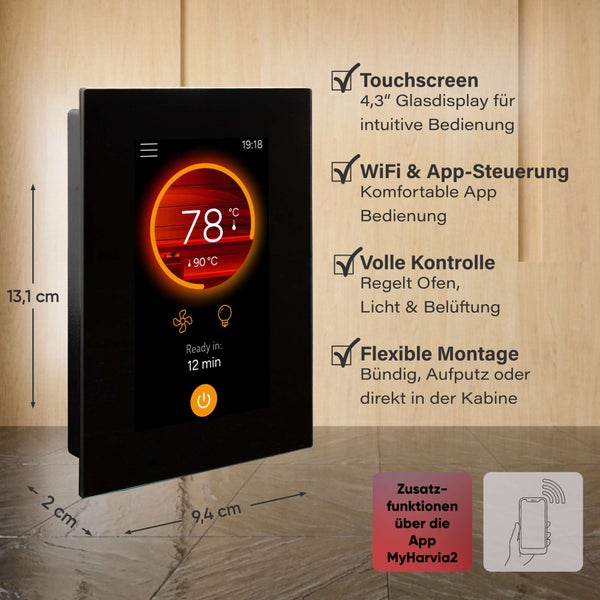 Saunasteuerung mit 4,3 Zoll Glas Touchscreen, WLAN und App Steuerung für Saunaofen, Licht und Belüftung mit flexiblen Montageoptionen.