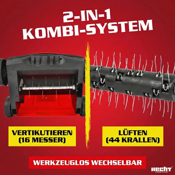 Hecht 2-in-1 Kombi-System: Vertikutierer mit 16 Messern und Lüfter mit 44 Krallen