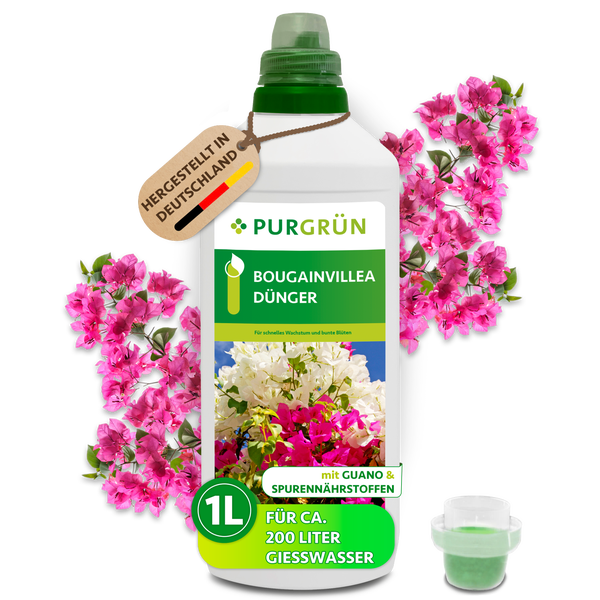 Eine Flasche Purgrün Bougainvillea Dünger mit einem Liter Inhalt und Guano für die Pflanzendüngung.