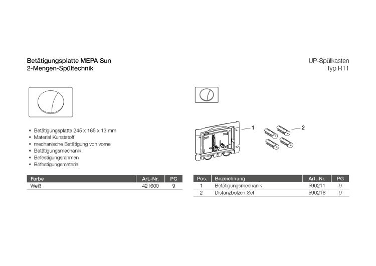 Technische Zeichnung der Mepa Sun Betätigungsplatte für Unterputz Spülkasten Typ R11 mit zwei Mengentechnik und Einbauteilen.