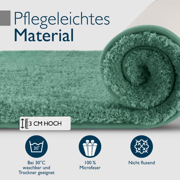 Pflegeleichte Badematte aus Mikrofaser, 3 Zentimeter hoch, waschbar bei 30 Grad, trocknergeeignet und flusenfrei.