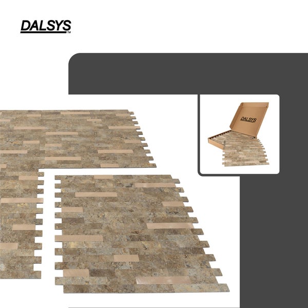 Dalsys selbstklebende Wandpaneele in Natursteinoptik mit Verpackungskarton und Dalsys Logo.