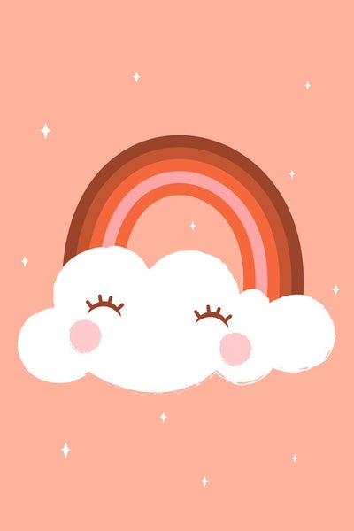 Illustration einer Wolke mit Wimpern unter einem Regenbogen
