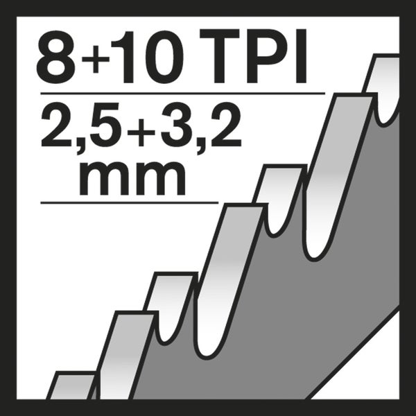 Sägeblattinformation: 8 plus 10 Zähne pro Zoll, 2,5 plus 3,2 Millimeter