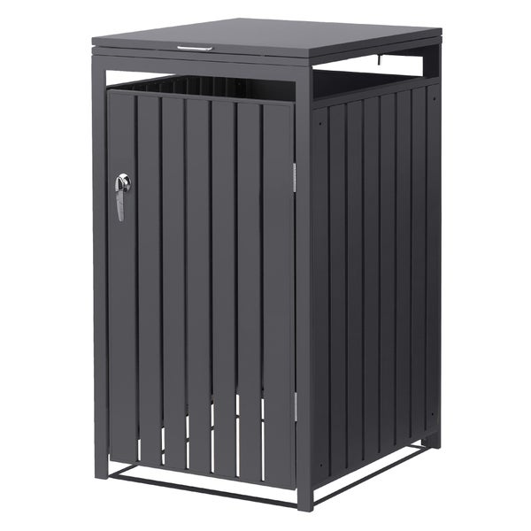 Mülltonnenbox aus Metall für eine Mülltonne mit Lamellentür und klappbarem Deckel.