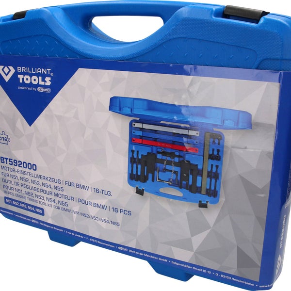 Brilliant Tools Motor Einstellwerkzeug für BMW N51, N52, N53, N54, N55 im blauen Werkzeugkoffer