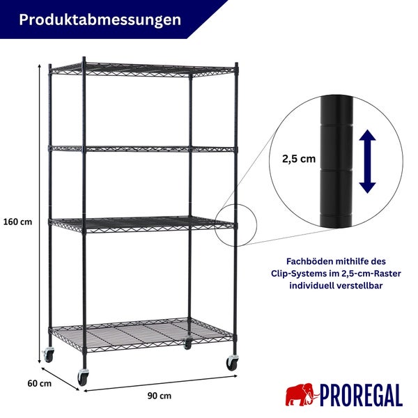 Schwarzes Metalldrahtregal auf Rollen mit 4 Fachböden, 160 mal 90 mal 60 Zentimeter, Böden im 2,5 Zentimeter Raster verstellbar, Proregal Logo.