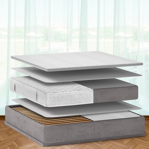 Explosionsansicht eines Bettes mit Matratze, Lattenrost und Matratzenauflage