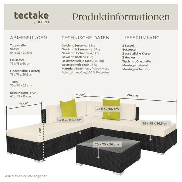 Rattan Lounge tectake Paris mit Sicherheitsglasplatte mit Aluminiumgestell schwarz