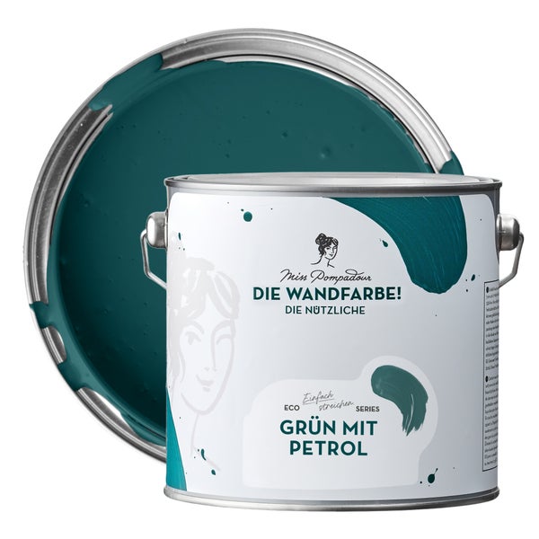 MissPompadour abwaschbare Wandfarbe 2.5L Grün mit Petrol - hohe Deckkraft und Ergiebigkeit - matte, scheuerbeständige Innenfarbe - geruchsarm, wasserbasiert, atmungsaktiv - Die Nützliche
