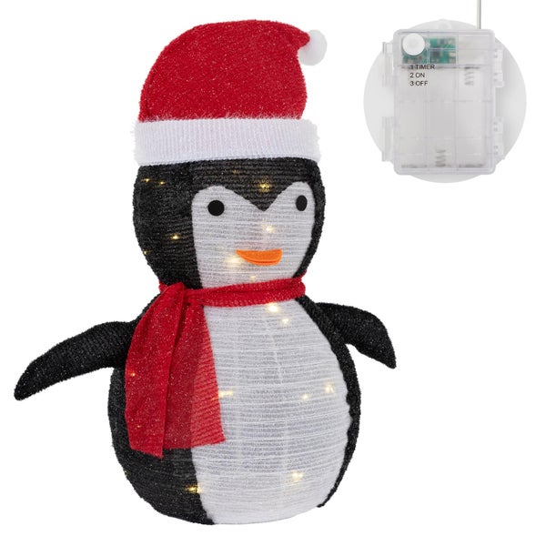 ECD Germany LED Weihnachts Pinguin mit Mütze & Schal, 68cm hoch, Gartenfigur mit 30 warmweißen LEDs beleuchtet, Timer, batteriebetrieben, Innen-Außen, zusammenfaltbar, Gartendekoration Weihnachtsdeko